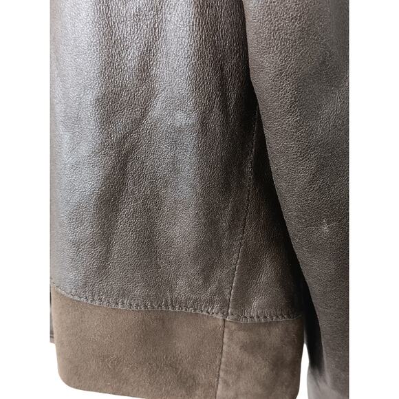 Tahari Woman 100% Leather Jacket Brown Suede Trim Open Front Pockets Boho Chic L - Picture 15 of 16